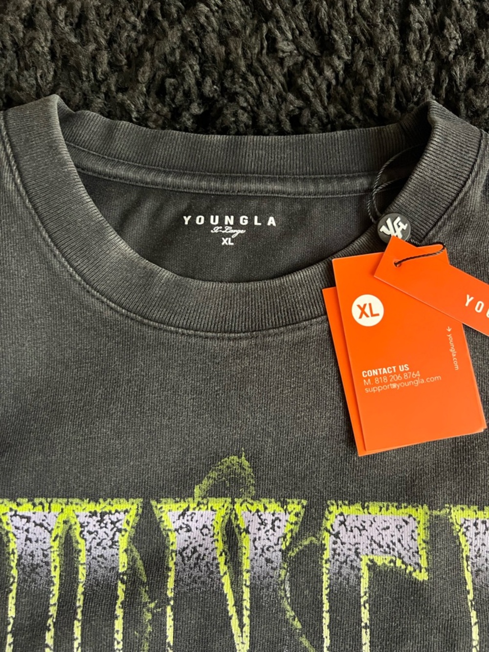 YoungLA Black Graphic Tee with Neon Green & Purple Print - Picture 3 of 5